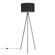 A stylish tripod floor lamp with a black fabric shade. Its sleek design complements any modern interior.