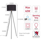 A floor lamp, dimensions are 450mm wide, 1590mm tall. Requires an E27 bulb, max 40W. Operating temp -20/+45 °C. Not waterproof.