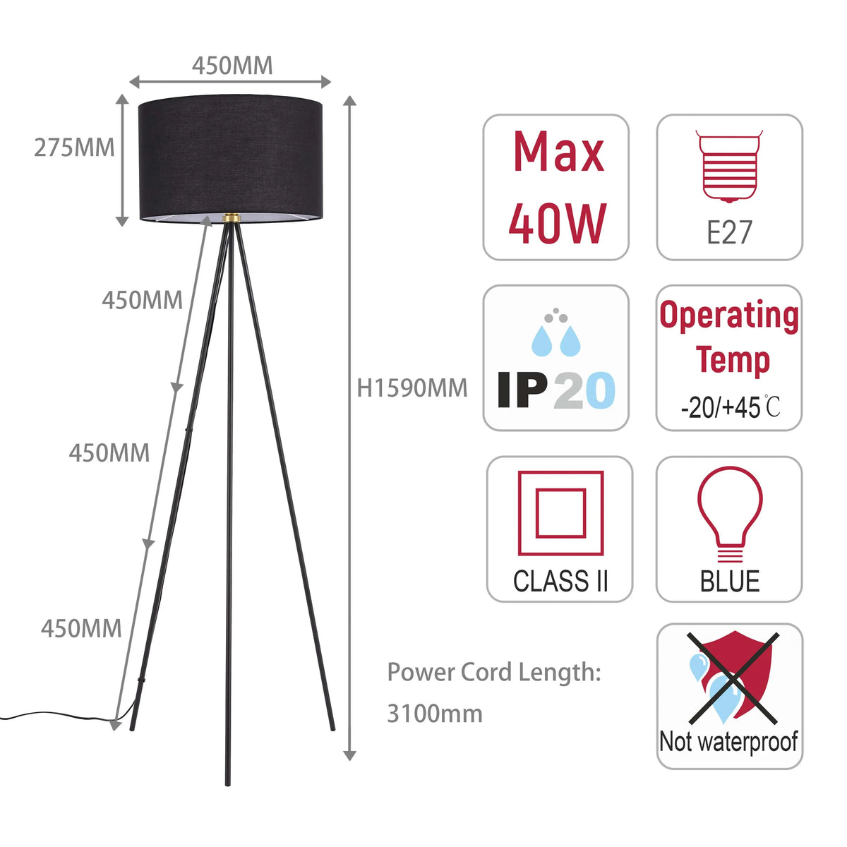 A floor lamp, dimensions are 450mm wide, 1590mm tall. Requires an E27 bulb, max 40W. Operating temp -20/+45 °C. Not waterproof.