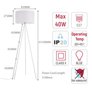A contemporary floor lamp with white shade and tripod legs. Height 1590mm, shade 450mm diameter. Bulb: E27 Max 40W.