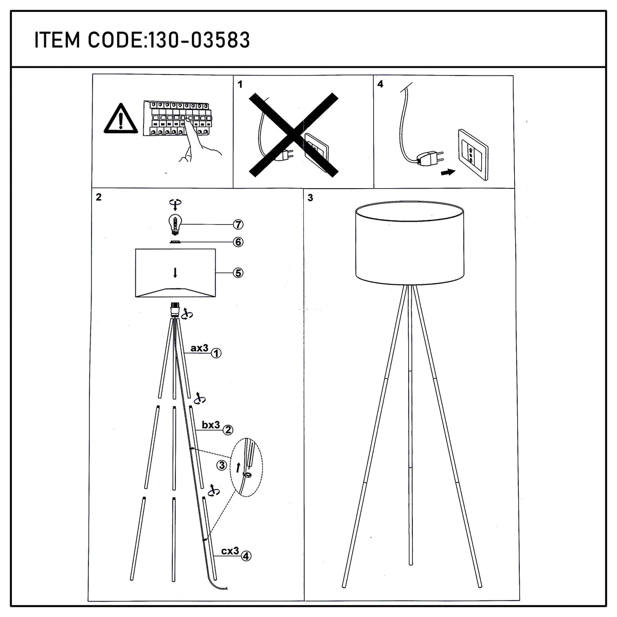 Diagram showing the assembly of a floor lamp with a shade. The design features a tripod base made from multiple lengths of wood.