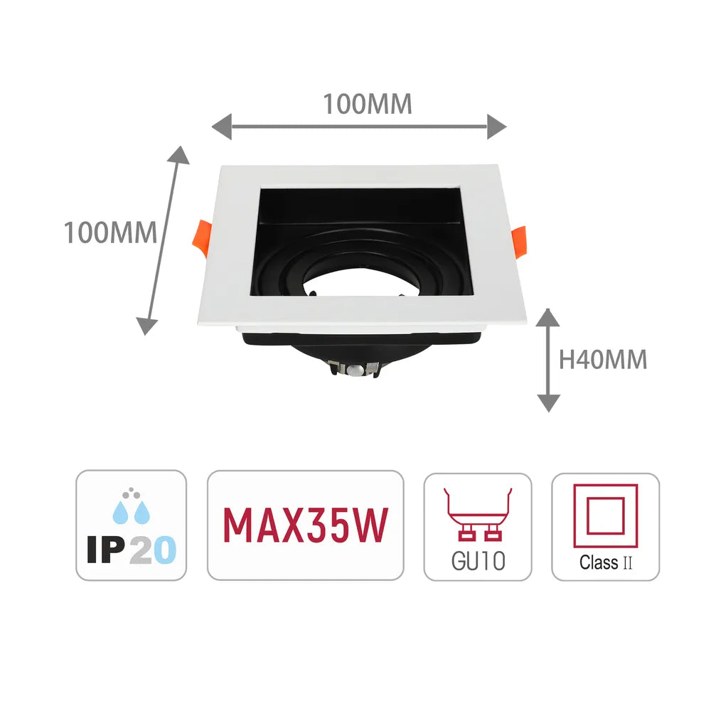 Size and technical specs of the Valiant Tiltable Square GU10 Downlight-143-03440