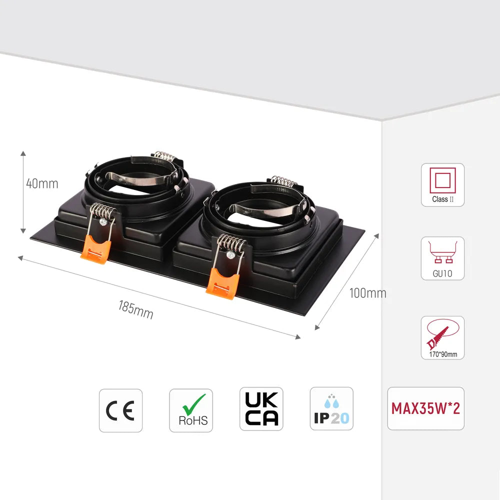 Size and technical specs of the Valiant Tiltable Square GU10 Downlight-143-03446