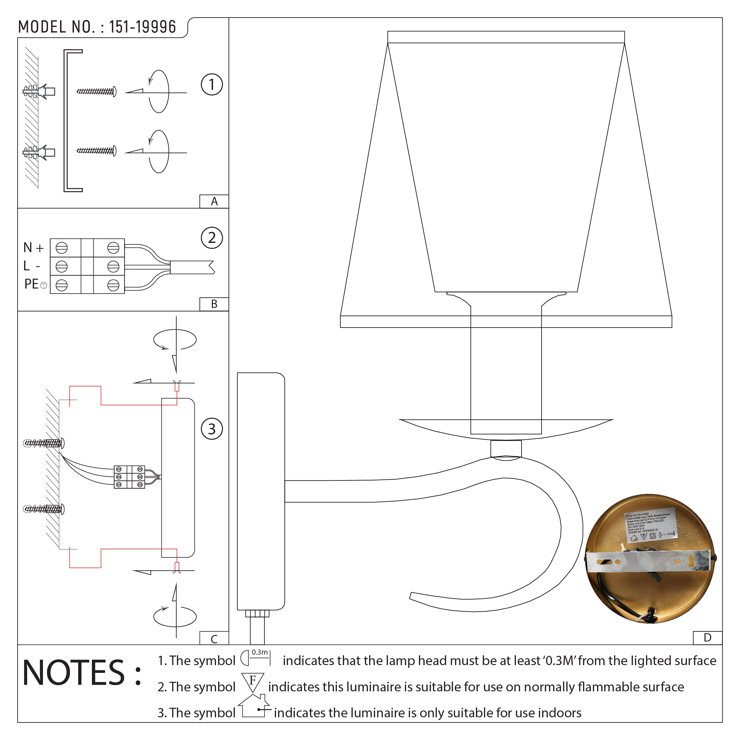 Vintage Grey Fabric Shade Wall Light with Plug-In 8