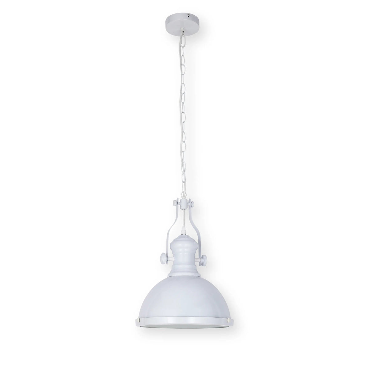 White pendant light with chain, ideal for adding a stylish touch to any room.