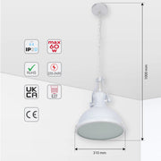 A white pendant light with a chain. It's 1000 mm long and 310 mm wide, with a maximum 60W bulb.