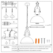 Technical diagram of a chain pendant light with glass shade. Shows wiring, measurements and installation instructions.