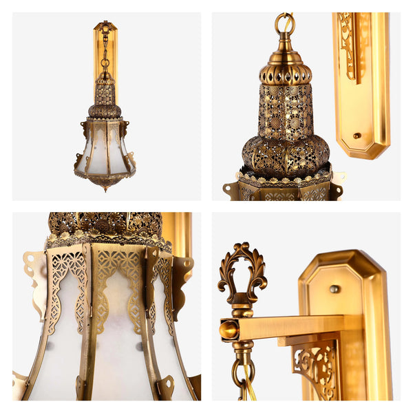 An ornate wall light in a gold colour, with cut-out detailing, and a white frosted glass shade. Elegant, vintage-inspired design.