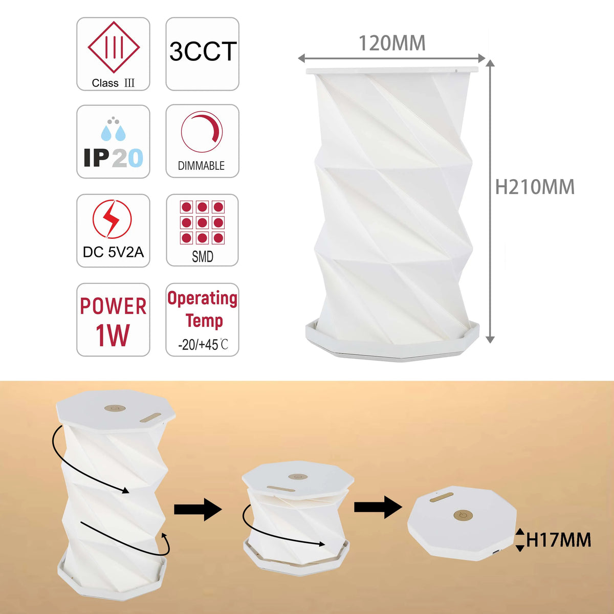 A collapsible LED lamp with 3 colour temperature options, dimmable, and operates at a low temperature, shown with dimensions.