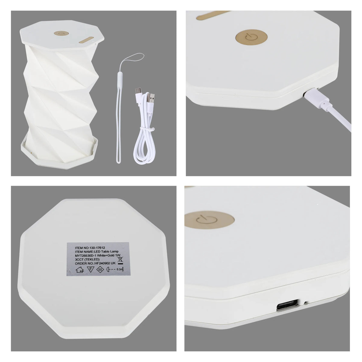 A portable, accordian style LED table lamp with a gold touch sensor, USB charging cable and lanyard. White and gold colour scheme.
