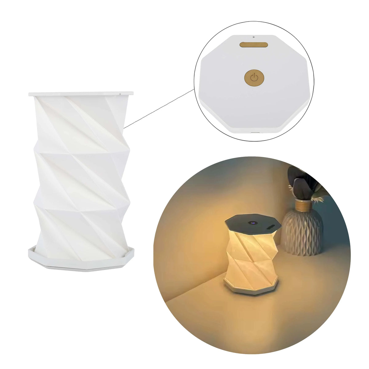 Modern white table lamp with a geometric design. One illuminated and one unlit to show the shape.