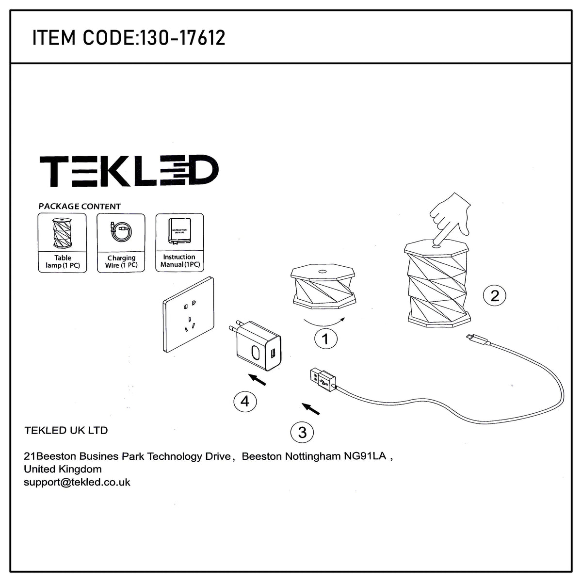 TEKLED table lamp. Includes USB charging wire, and instruction manual. Assembly shown.