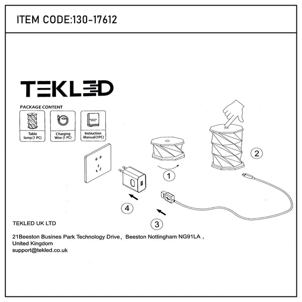 TEKLED table lamp. Includes USB charging wire, and instruction manual. Assembly shown.