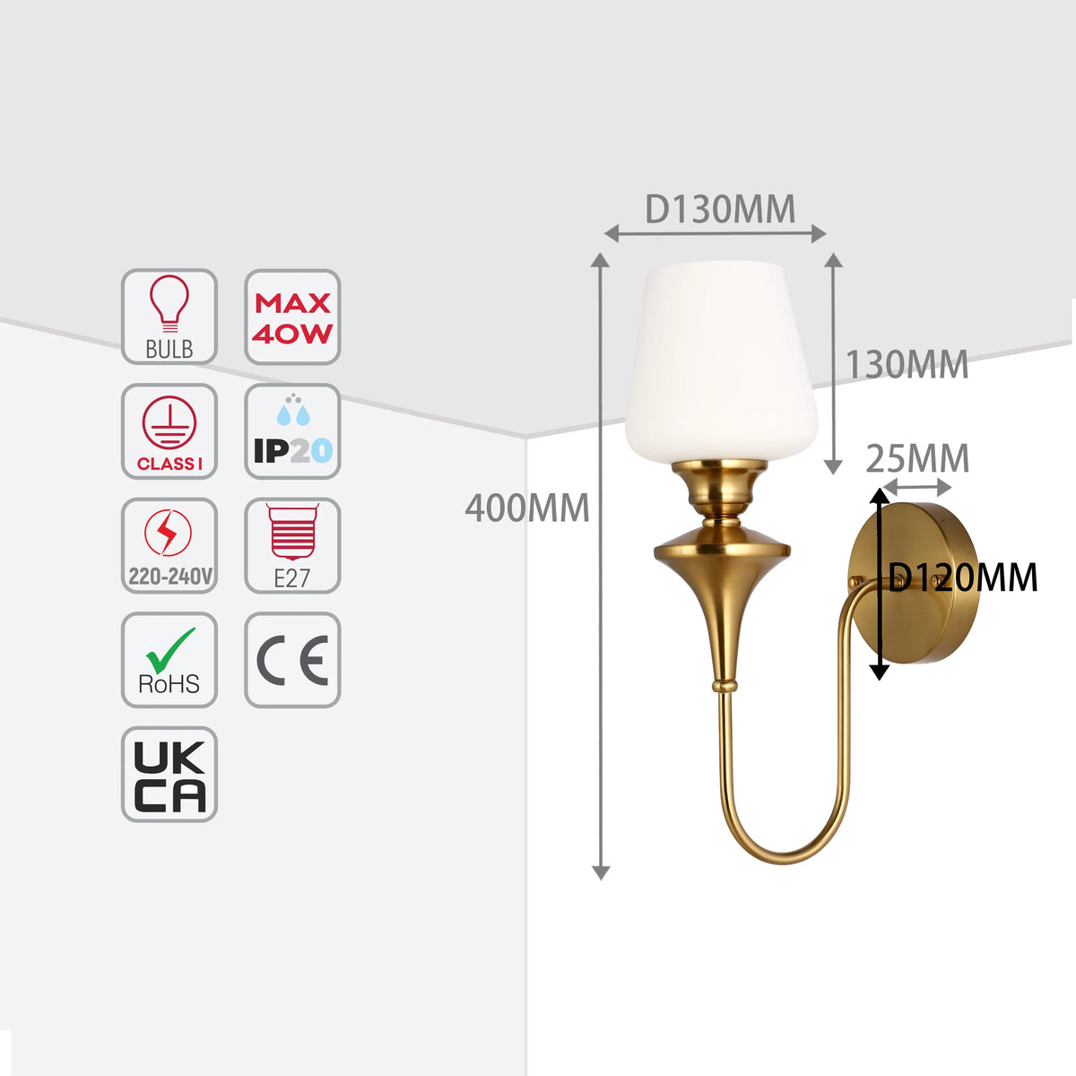 A gold wall light with a white shade and dimensions of 400mm height, 130mm shade diameter and 120mm backplate diameter shown.