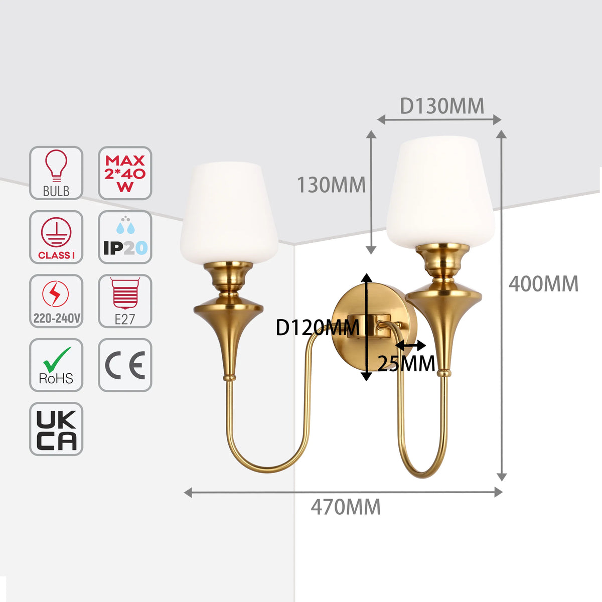 A gold, two-bulb wall light with white shades. The fitting is labelled with dimensions for home improvement planning.