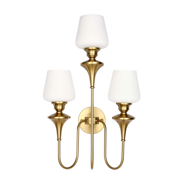 A gold coloured, 3 light wall light with white opal glass shades. A modern take on a classic design.