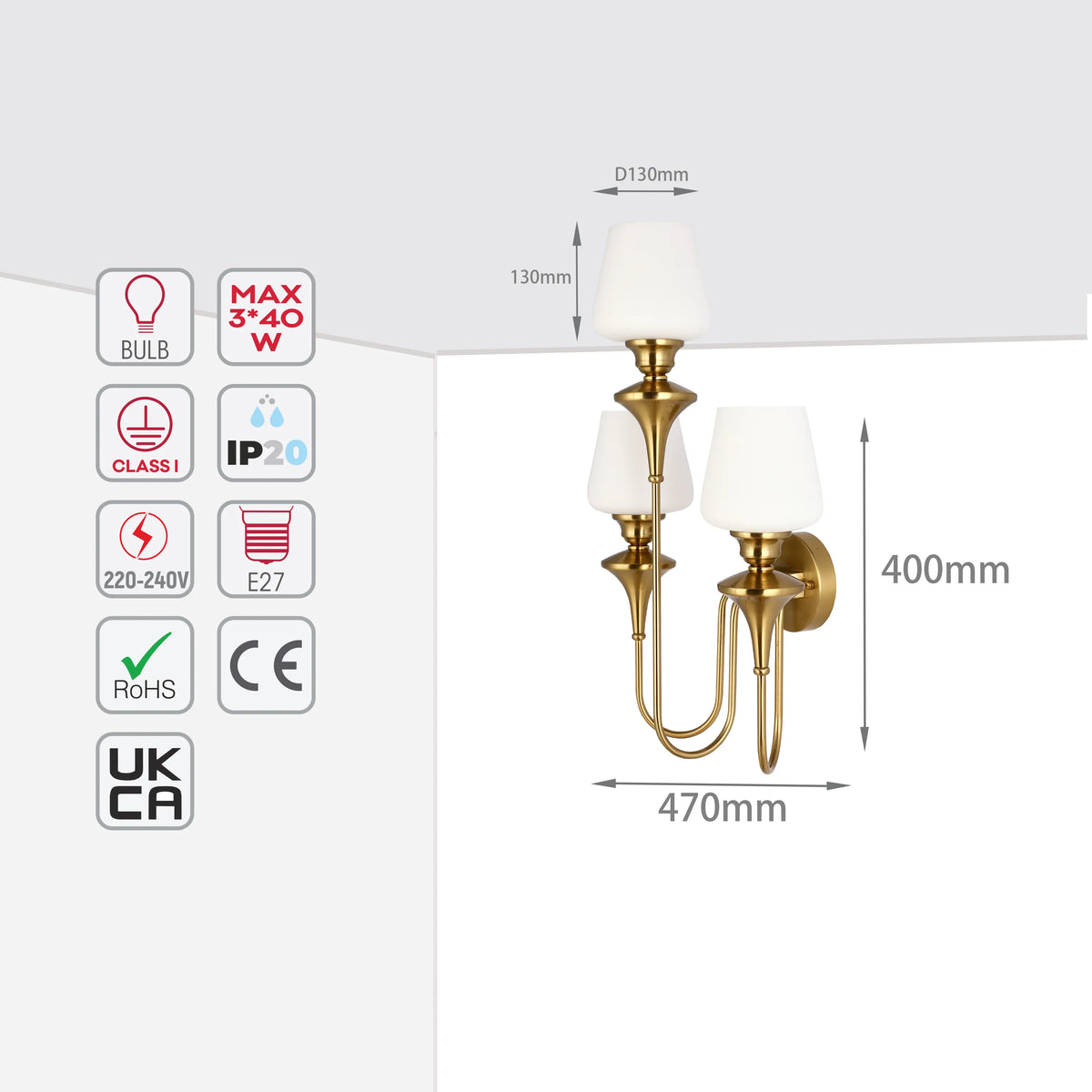 A glamorous gold wall light with three white shades, providing ambient lighting. Size: 400mm high, 470mm wide.