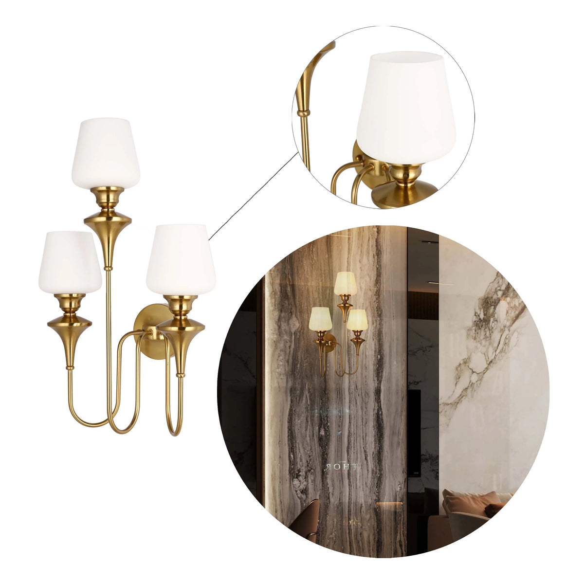 A gold wall light with three upward facing, cone-shaped shades. Classy and modern lighting to brighten any space.