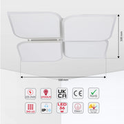 Modern 36W LED ceiling light with warm/cool daylight option. Square design, 500mm x 500mm, RoHS compliant.