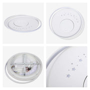 Contemporary circular ceiling light with moon and star detailing, showing a soft, ambient glow.