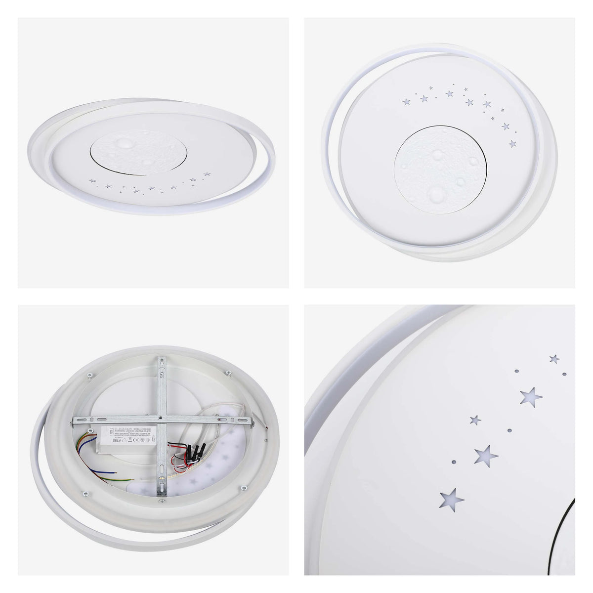 Contemporary circular ceiling light with moon and star detailing, showing a soft, ambient glow.