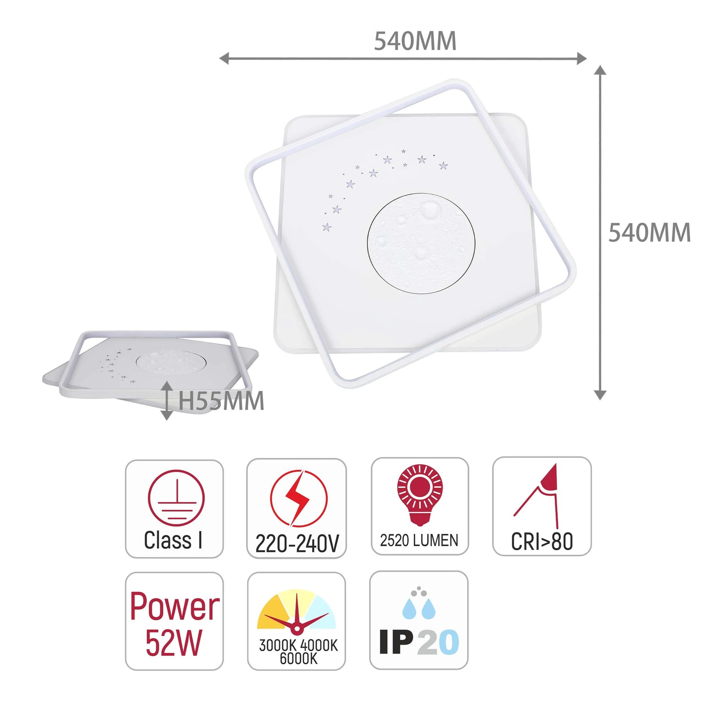 A square, modern ceiling light with moon and star designs. The light dimensions are 540mm x 540mm x H55mm.