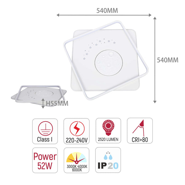 A square, modern ceiling light with moon and star designs. The light dimensions are 540mm x 540mm x H55mm.