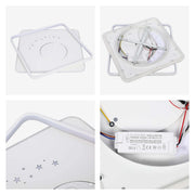 A modern, square, white LED ceiling light with a moon and stars design. Provides energy-efficient lighting for a child's bedroom.