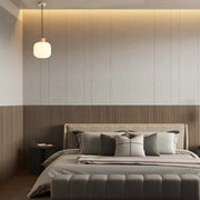 Contemporary bedroom lighting features a single pendant lamp, plus ambient light from hidden ceiling fixtures.