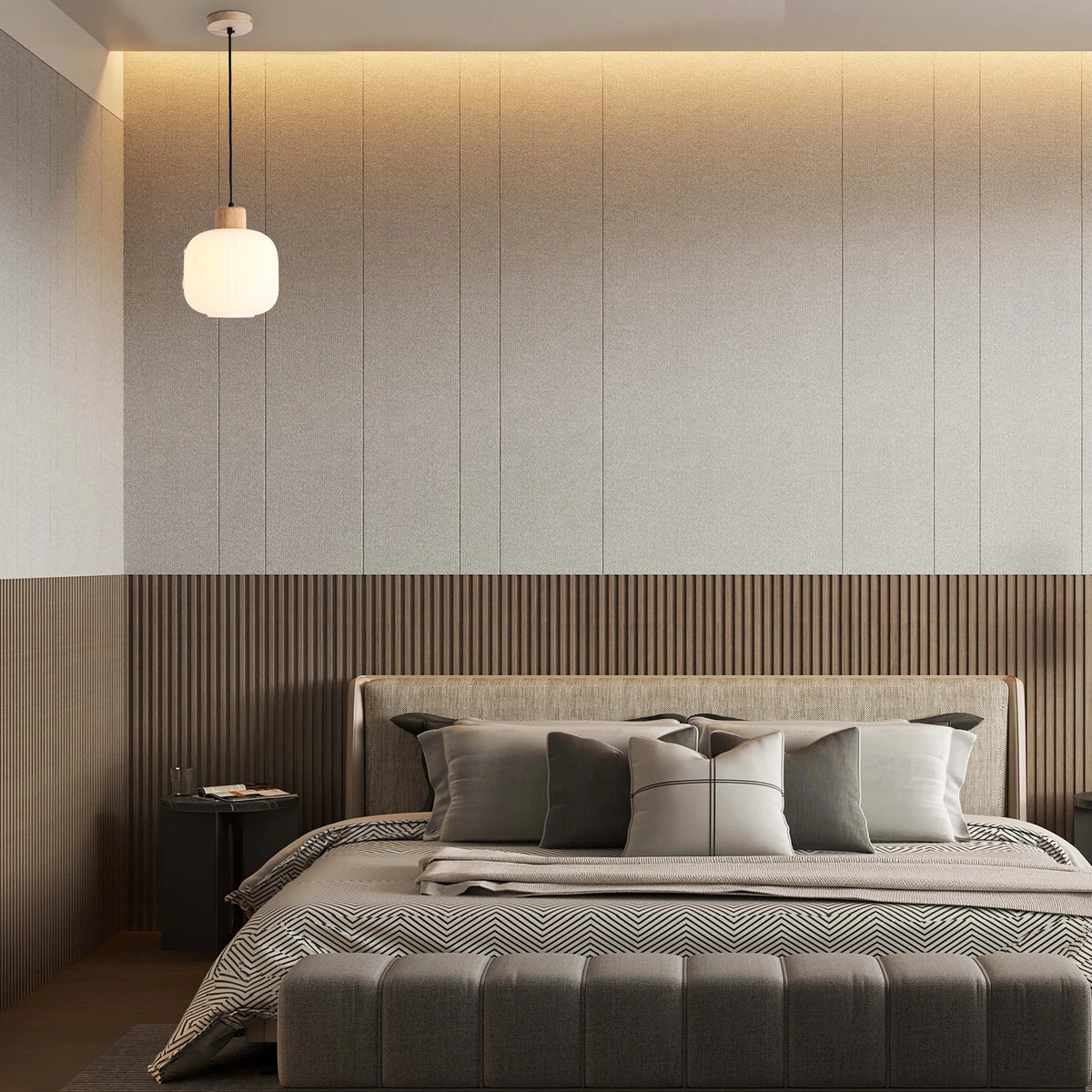 Contemporary bedroom lighting features a single pendant lamp, plus ambient light from hidden ceiling fixtures.