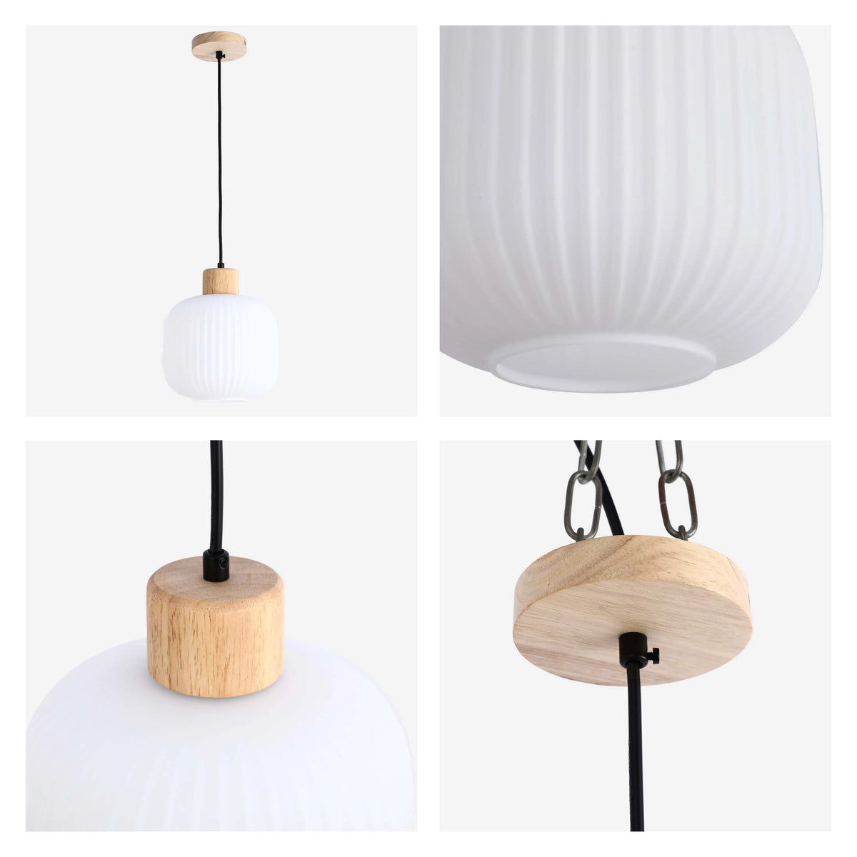 A modern pendant light with a white glass shade and light wood accents.