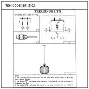 A technical diagram showcasing a pendant light. It also has electrical wiring and safety recommendations.