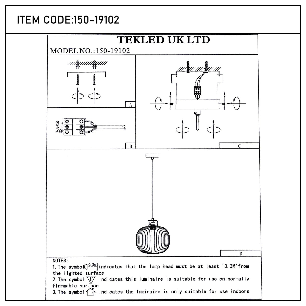A technical diagram showcasing a pendant light. It also has electrical wiring and safety recommendations.