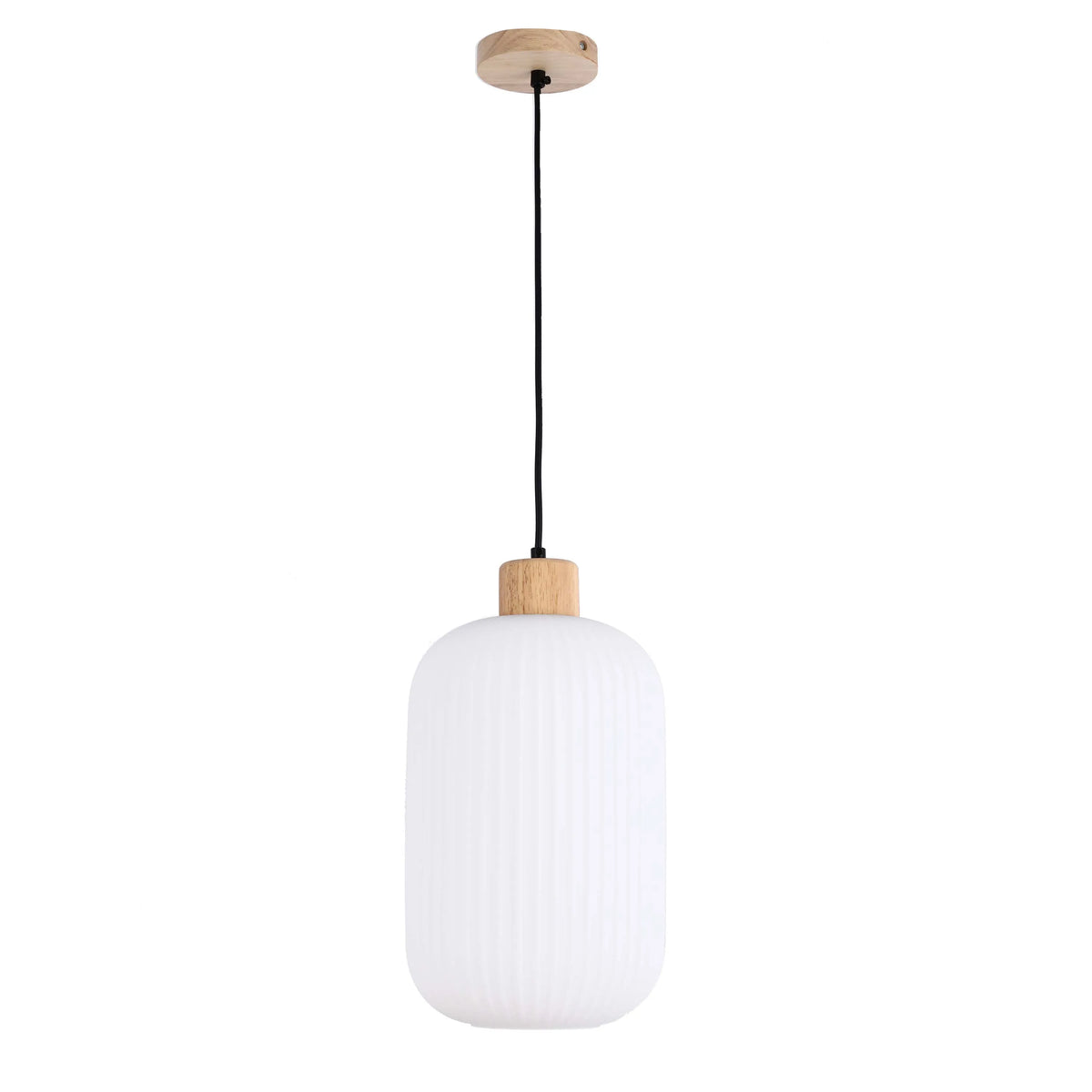 A contemporary pendant light with a white, ridged glass shade and wooden fittings. It's suspended by a sleek, black cable.