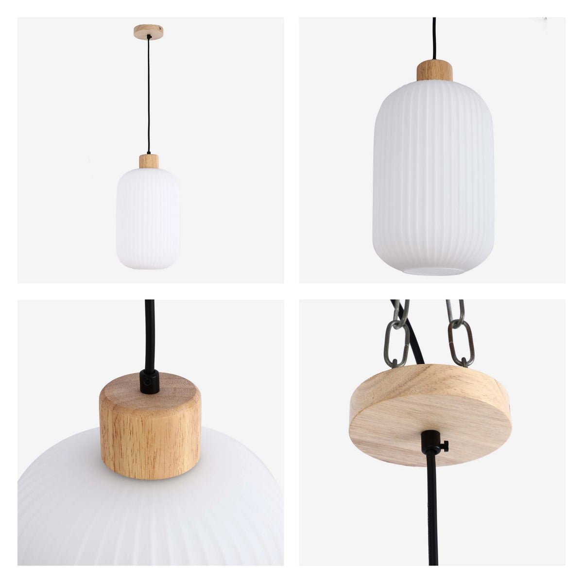 A modern pendant light featuring a ribbed, white glass shade and wooden accents. Perfect for adding a touch of Scandinavian style.