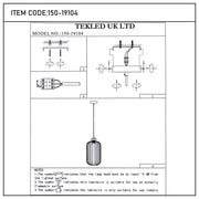 Technical diagram of a TEKLED UK LTD pendant light, model number 150-19104, showing installation and safety information.