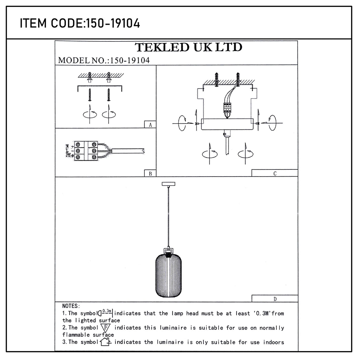Technical diagram of a TEKLED UK LTD pendant light, model number 150-19104, showing installation and safety information.