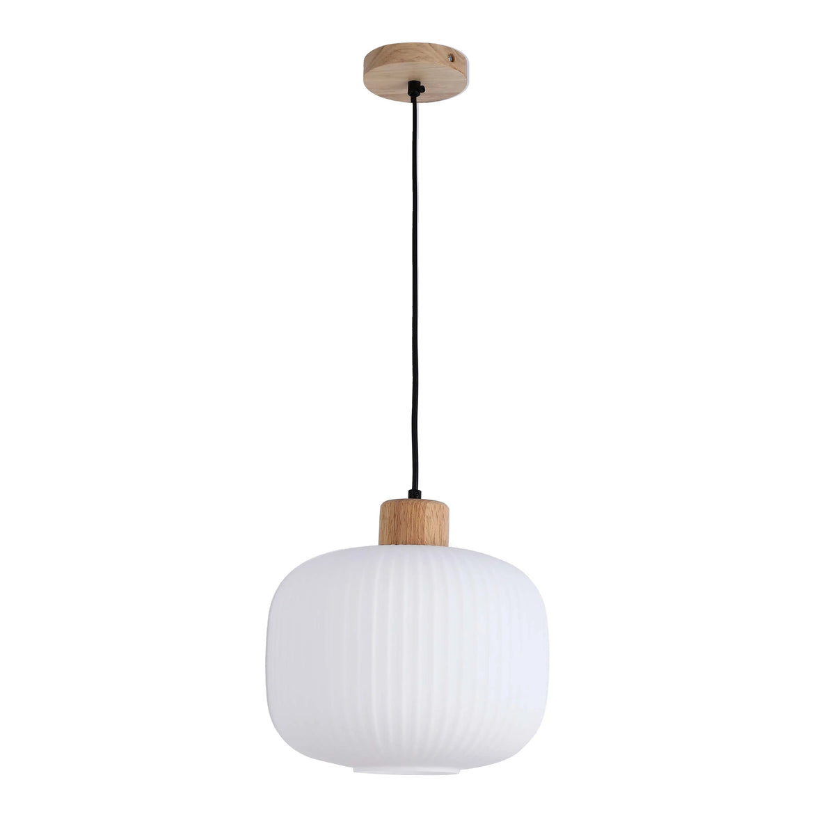 Contemporary pendant light with a white ribbed shade and wooden fixtures.