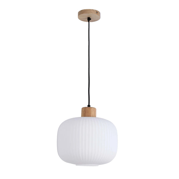 Contemporary pendant light with a white ribbed shade and wooden fixtures.