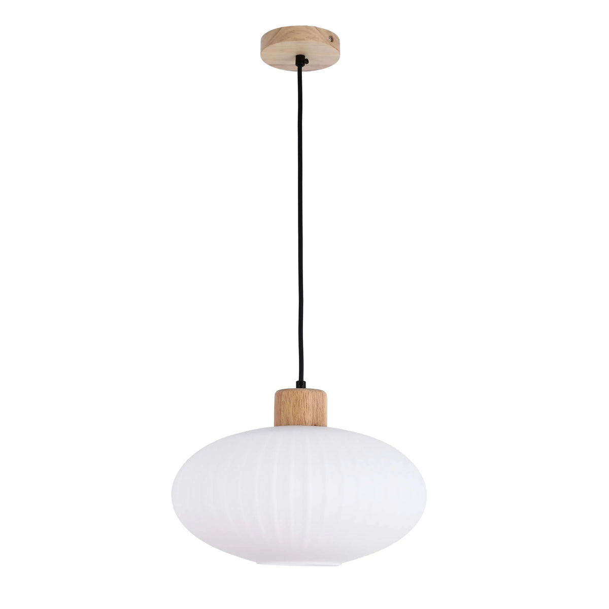 A stylish pendant light with a rounded white shade, wooden details, and a sleek black cable, perfect for modern interiors.