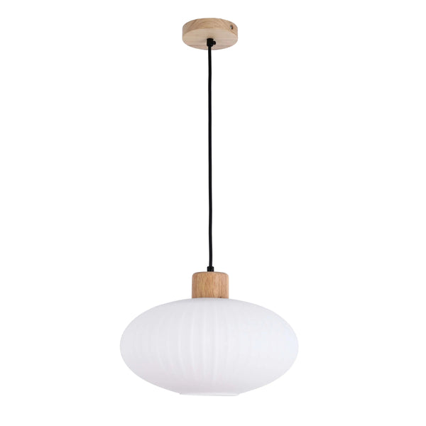 A stylish pendant light with a rounded white shade, wooden details, and a sleek black cable, perfect for modern interiors.