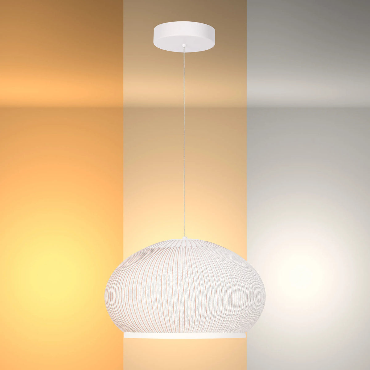 White pendant light with a textured shade against a gradient backdrop displaying different colour temperatures.