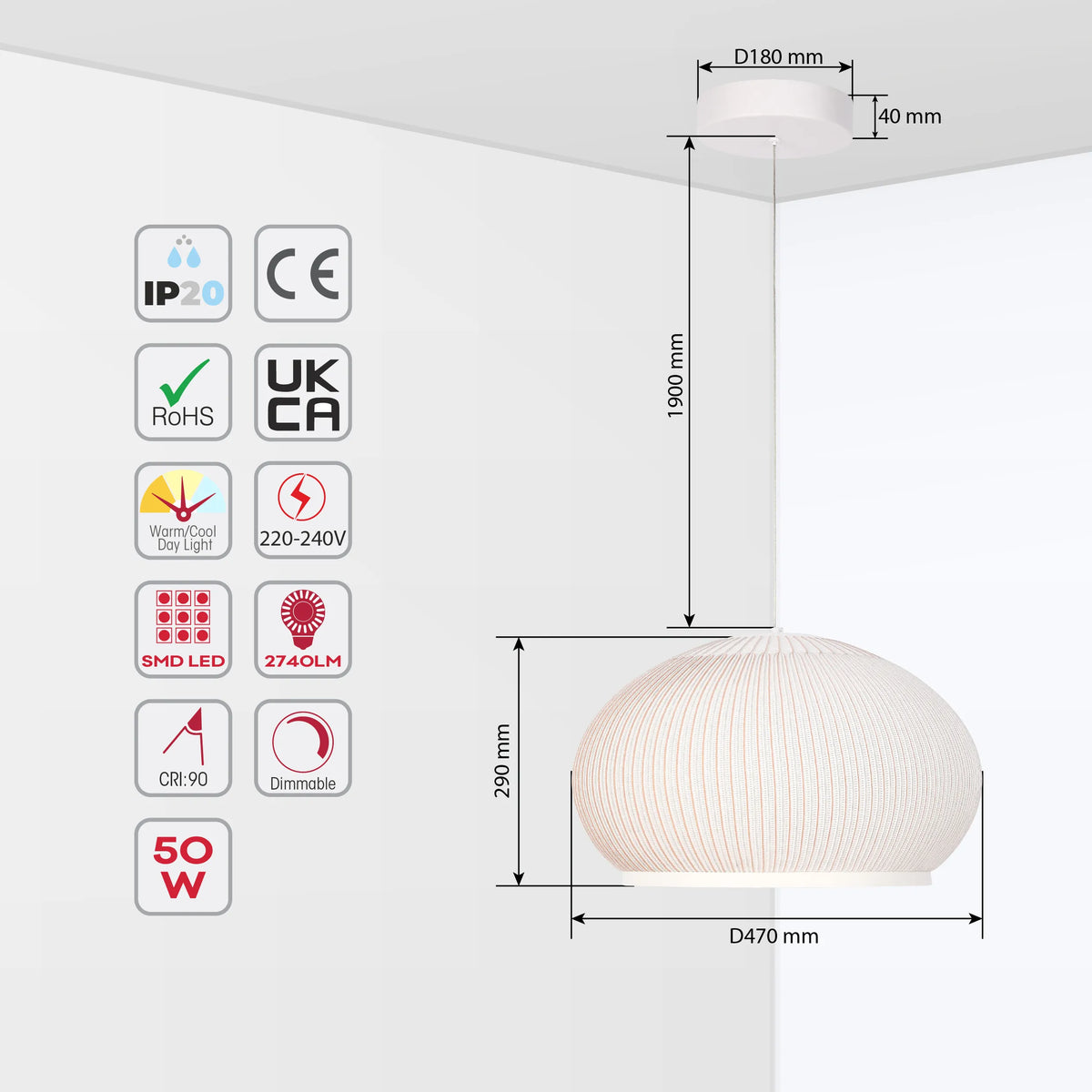 A stylish pendant light. It has a round lampshade, and features measurements, including a drop of 1900mm and dimensions of D470mm x 290mm.
