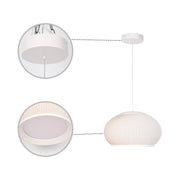A modern, white pendant light with a round shade and ceiling mount. Soft, ambient lighting for the home.