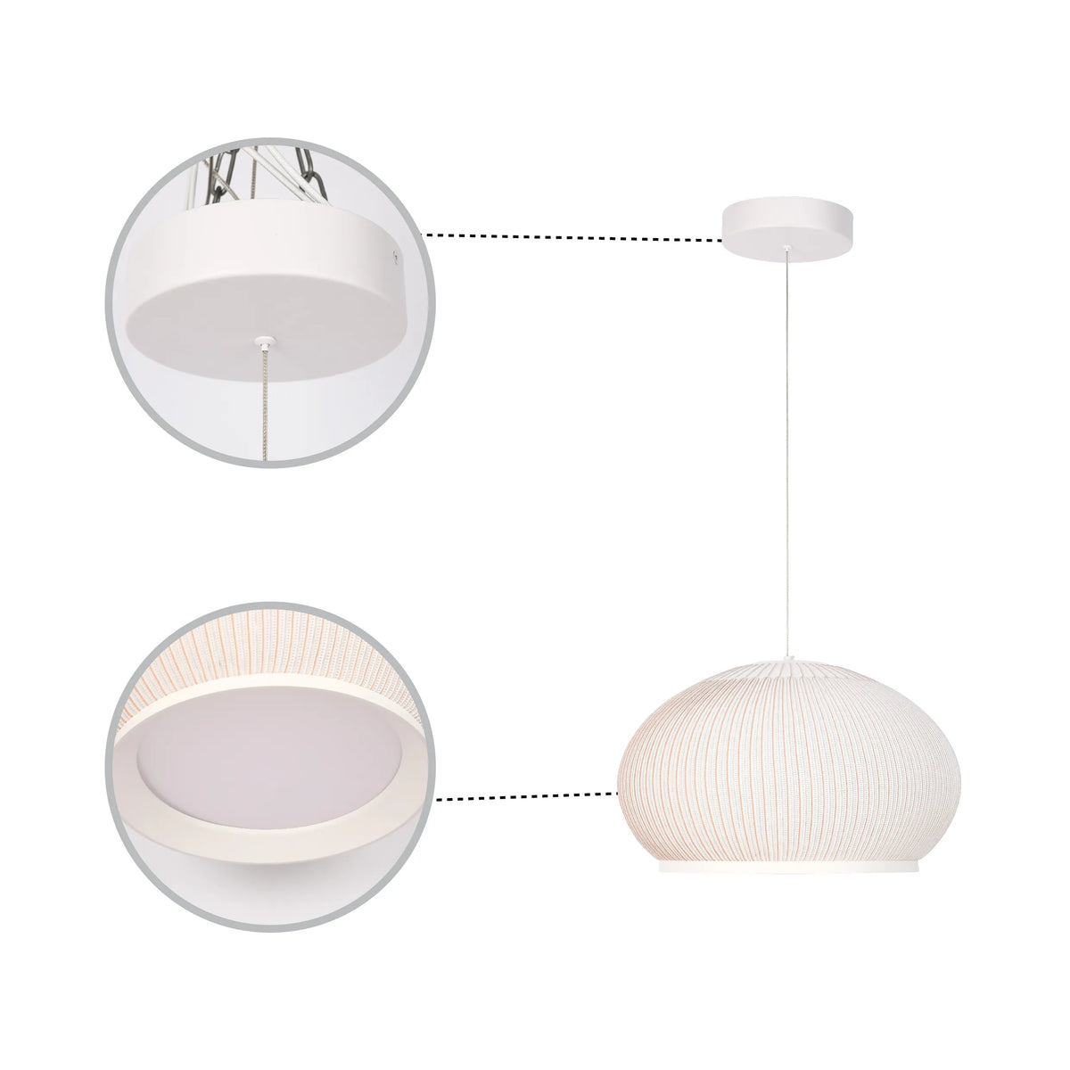 A modern, white pendant light with a round shade and ceiling mount. Soft, ambient lighting for the home.