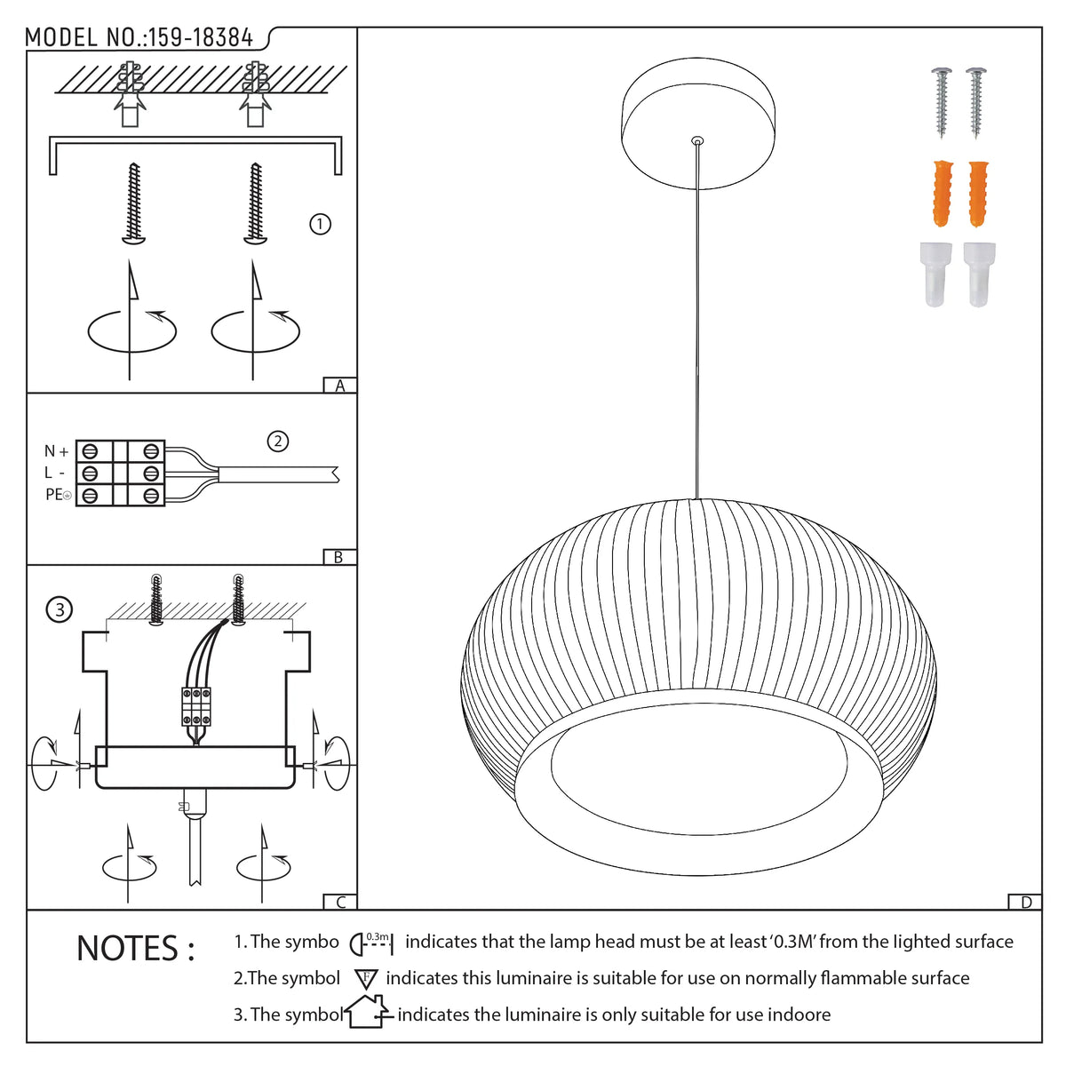 A line drawing of a pendant light with installation instructions, fixings and the model number '159-18384' displayed.