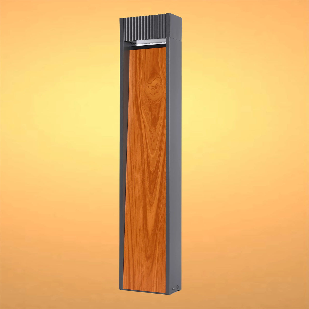 Modern outdoor light fixture with a wood panel and grey surround, casting a soft, inviting glow.