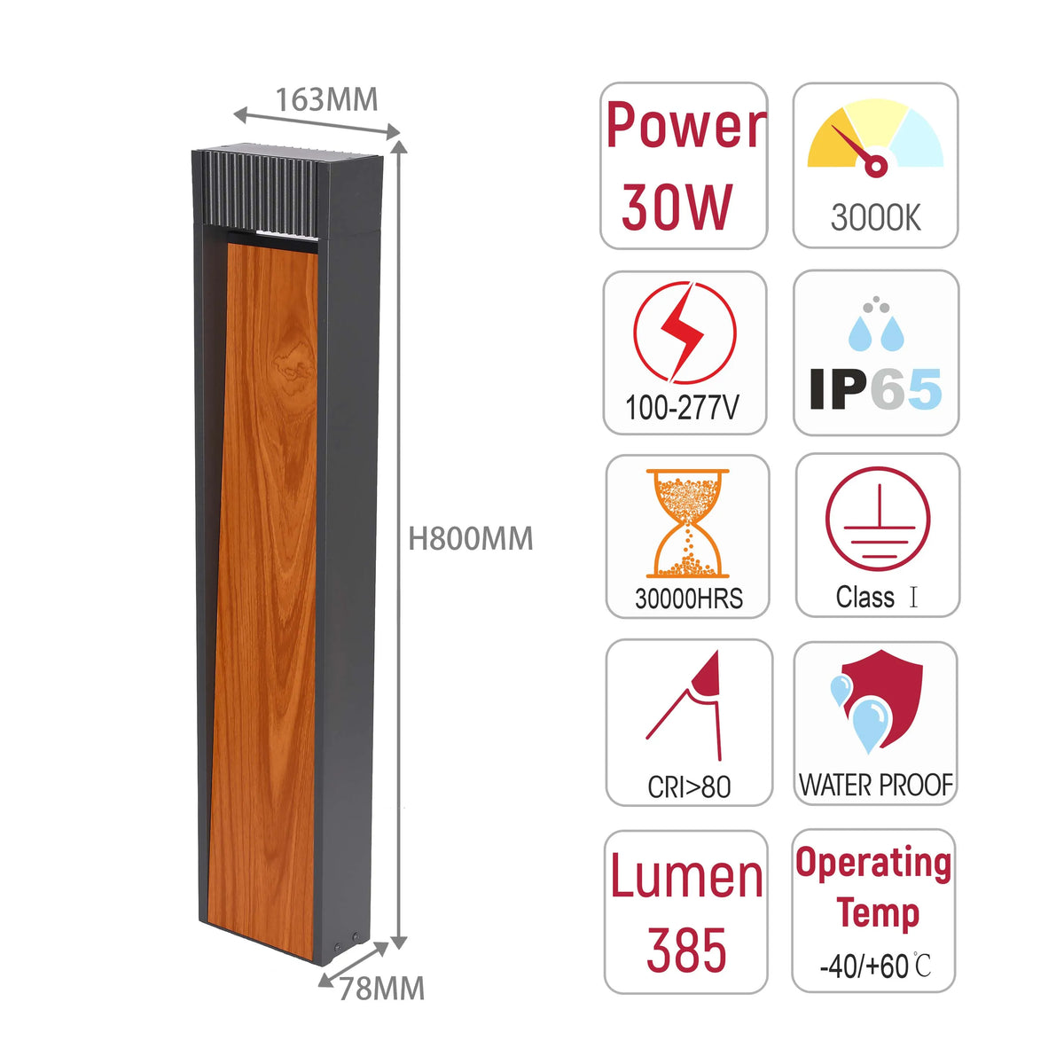 An outdoor light with a dark grey frame and wood-look panel. It displays technical data like dimensions, power, and IP rating.