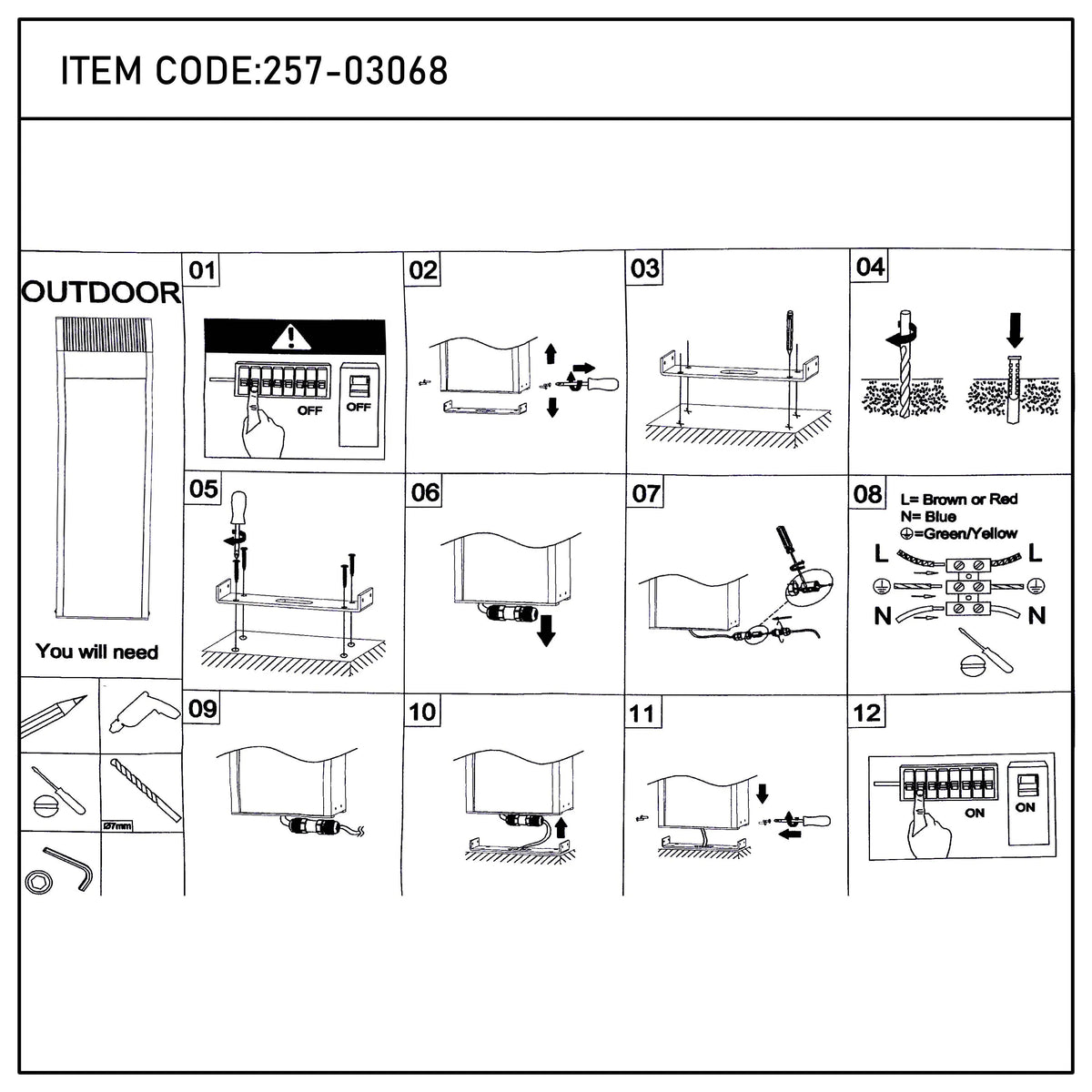 A guide on how to install outdoor lighting, including illustrations of each step.