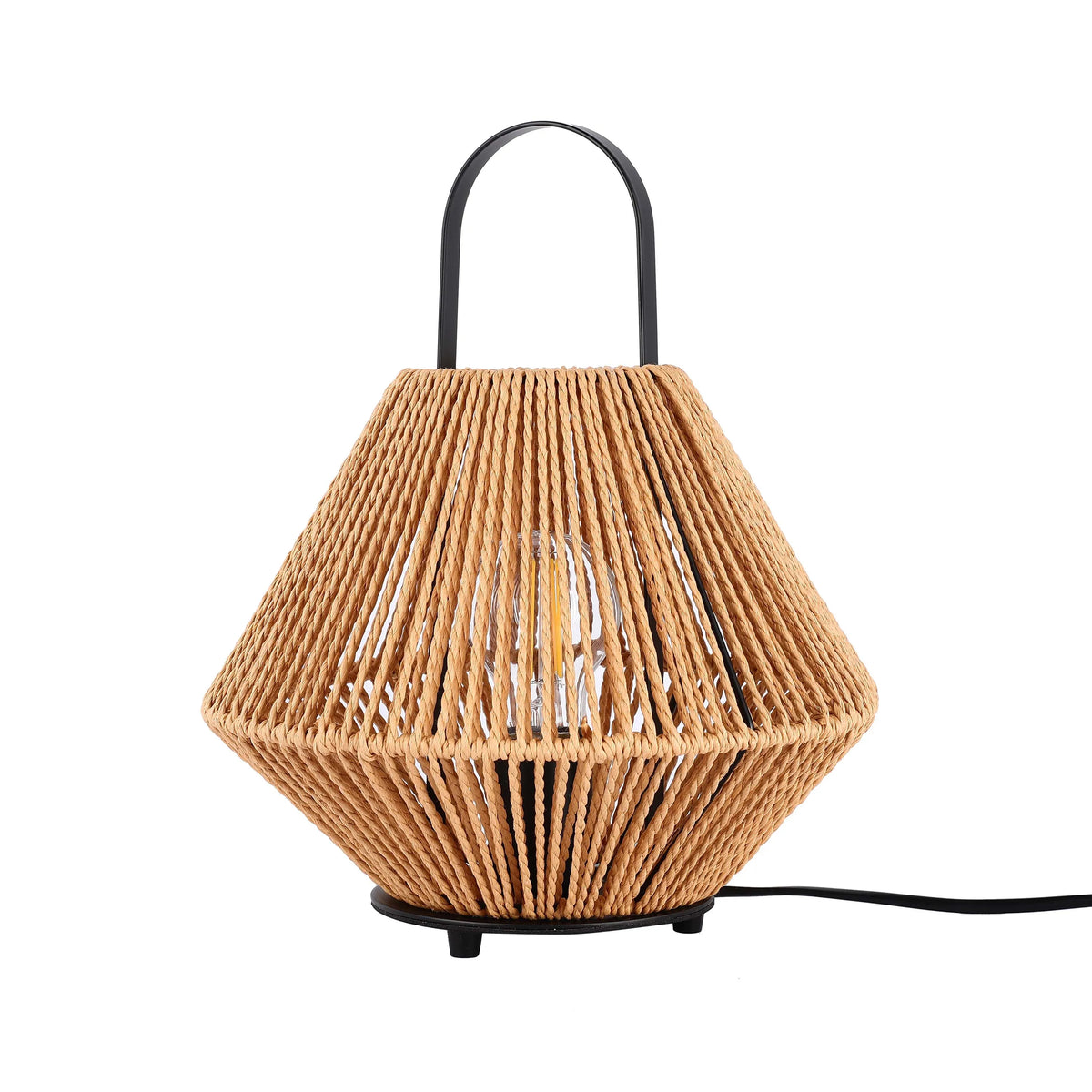 A rope-covered lamp with a black handle and base emits a warm, inviting glow, perfect for creating a cosy atmosphere.